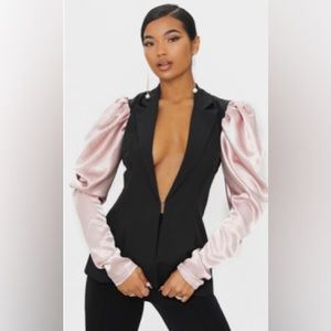 Black Woven Contrast Satin Puff Sleeve Blazer.